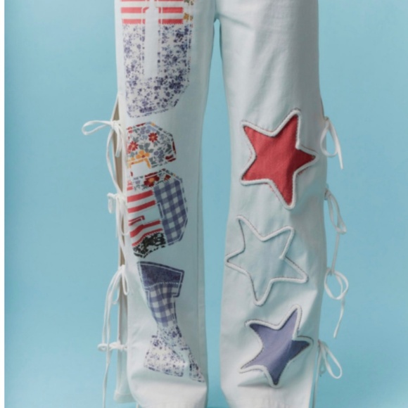 Peach Love “ Summer “ Peach Love Twill Pants with USA Patchwork Detail SR33 - Picture 7 of 8